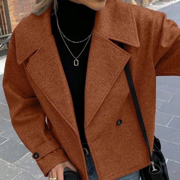 Brown Casual Women's Oversized Collar Button down Long Sleeve Coat - Picture 6 of 7